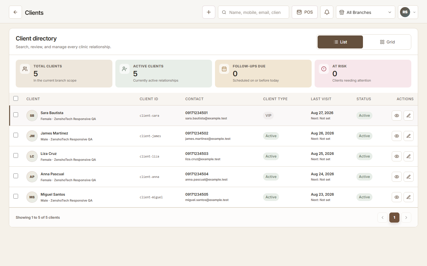 ZenshoTech client database with demonstration customer profiles