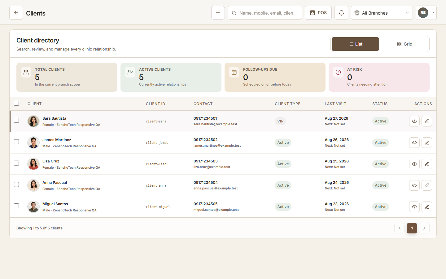 ZenshoTech customer database with demonstration profiles and relationship history