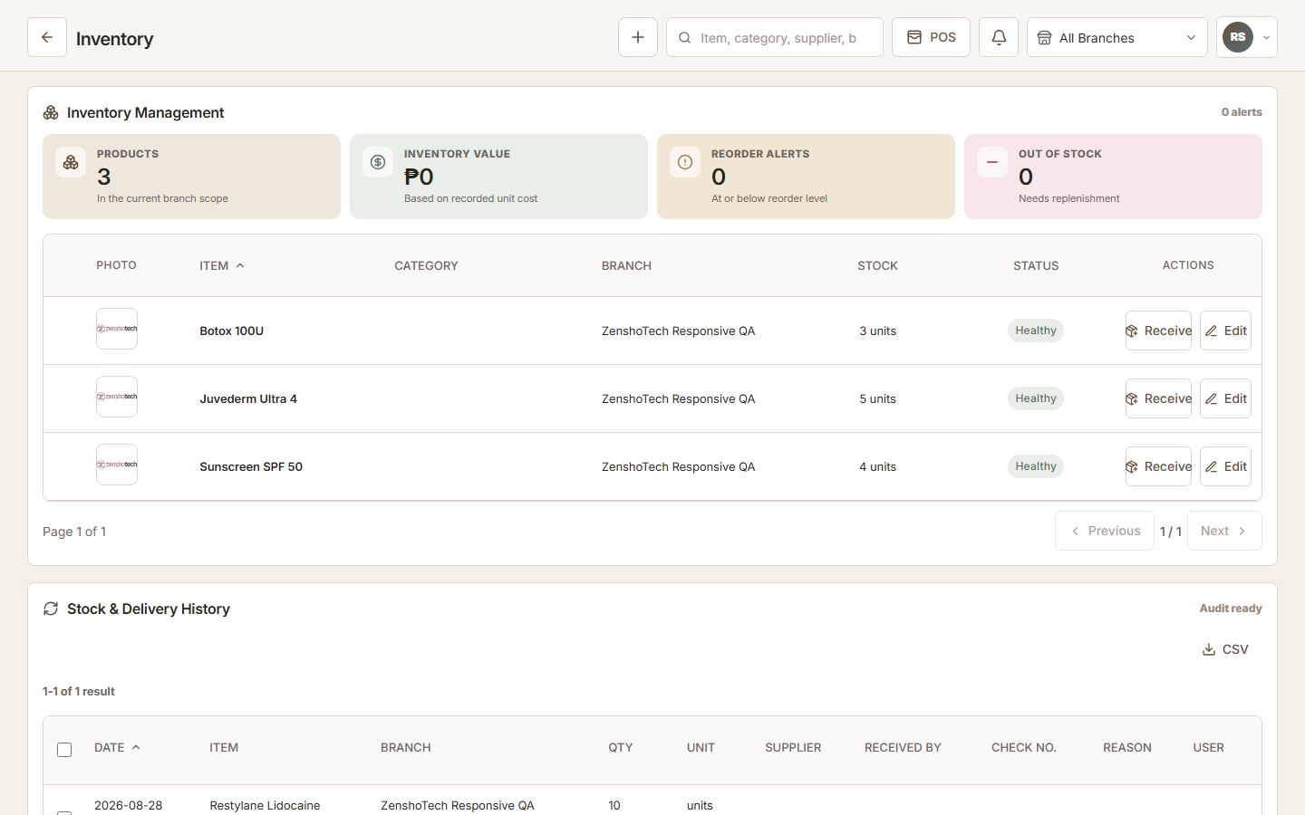 ZenshoTech inventory management screen with demonstration stock records