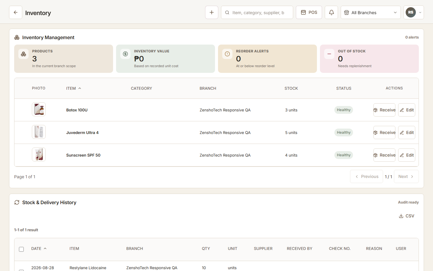 ZenshoTech inventory management screen showing demonstration stock records