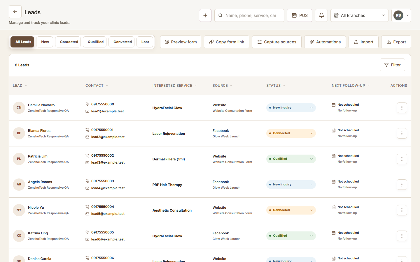 ZenshoTech lead management pipeline with demonstration inquiries