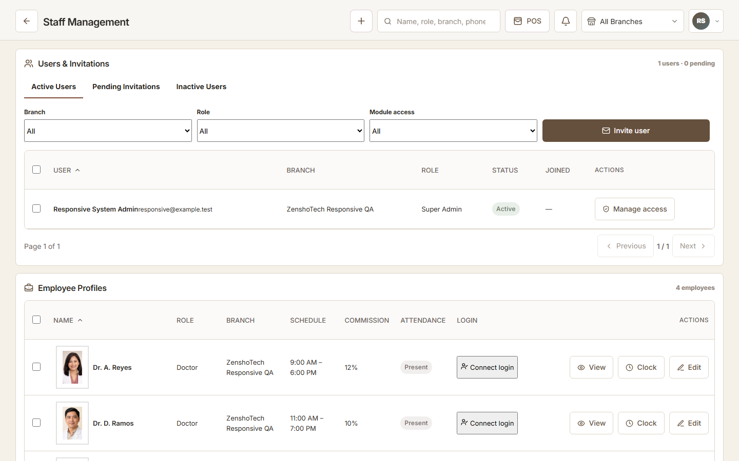 ZenshoTech employee management screen with demonstration staff records